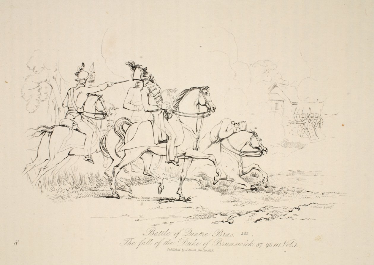 Slag bij Quatre Bras: De val van de hertog van Brunswick, uitgegeven door J. Booth, 1816 door George Jones