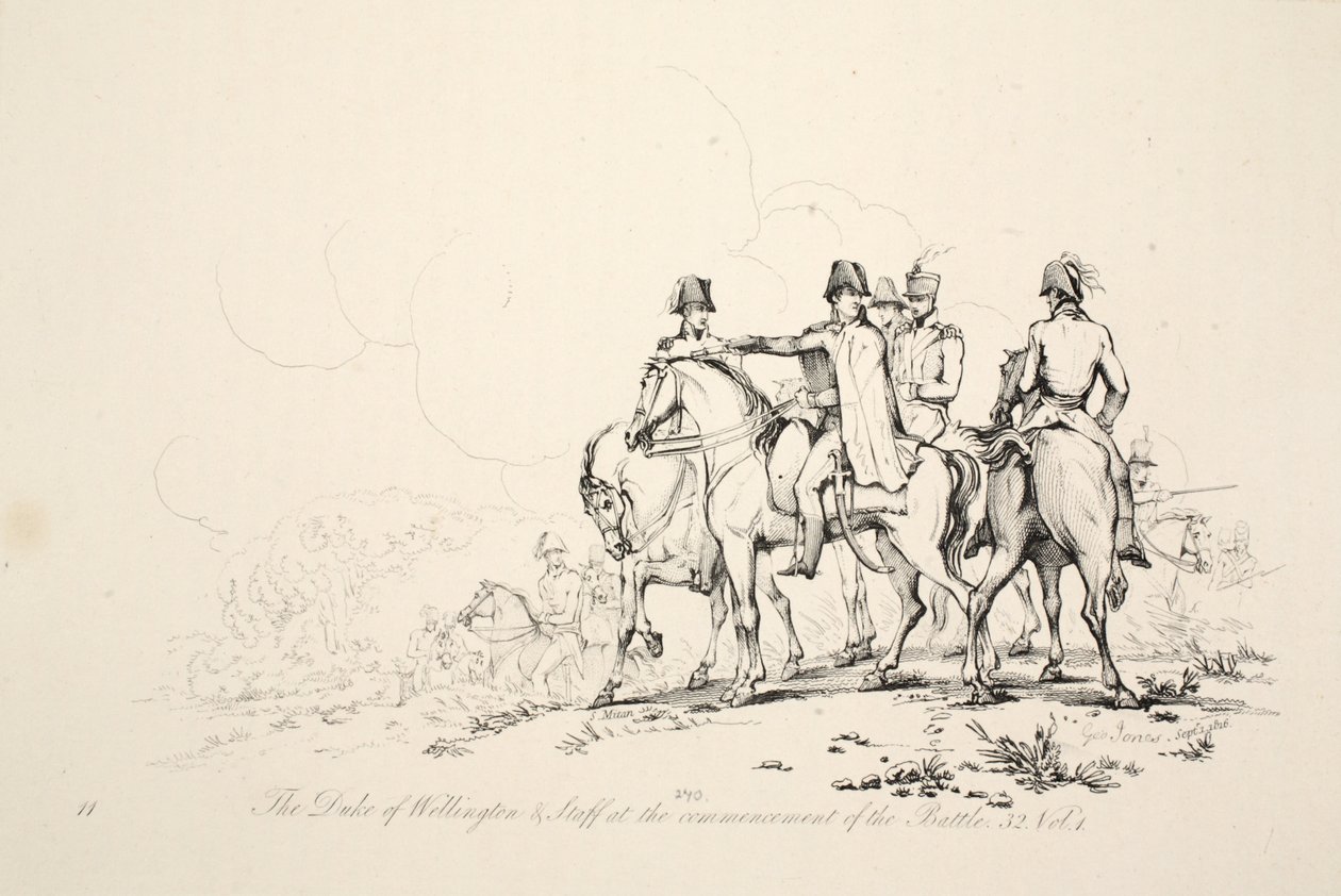 De hertog van Wellington en staf bij het begin van de slag, uitgegeven door J. Booth, 1816 door George Jones
