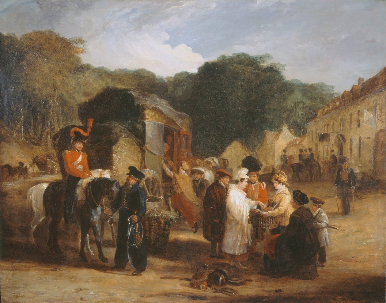 Het Dorp Waterloo, met reizigers die relikwieën kopen die op het slagveld zijn gevonden, 1815, c.1821 door George Jones