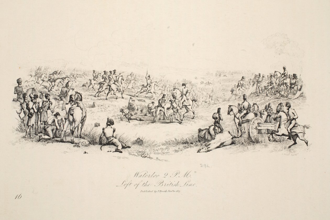 Waterloo, 14:00 uur, links van de Britse Linie, pub. J. Booth, 1816 door George Jones