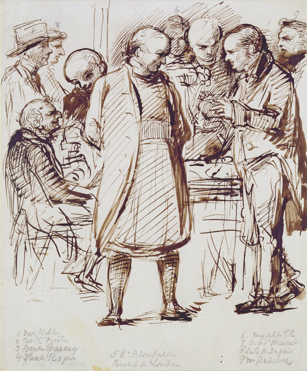 Een groep geestelijken en politici, waaronder John Keble en William Gladstone, in gesprek met de bisschop van Londen in Fulham Palace door George Richmond