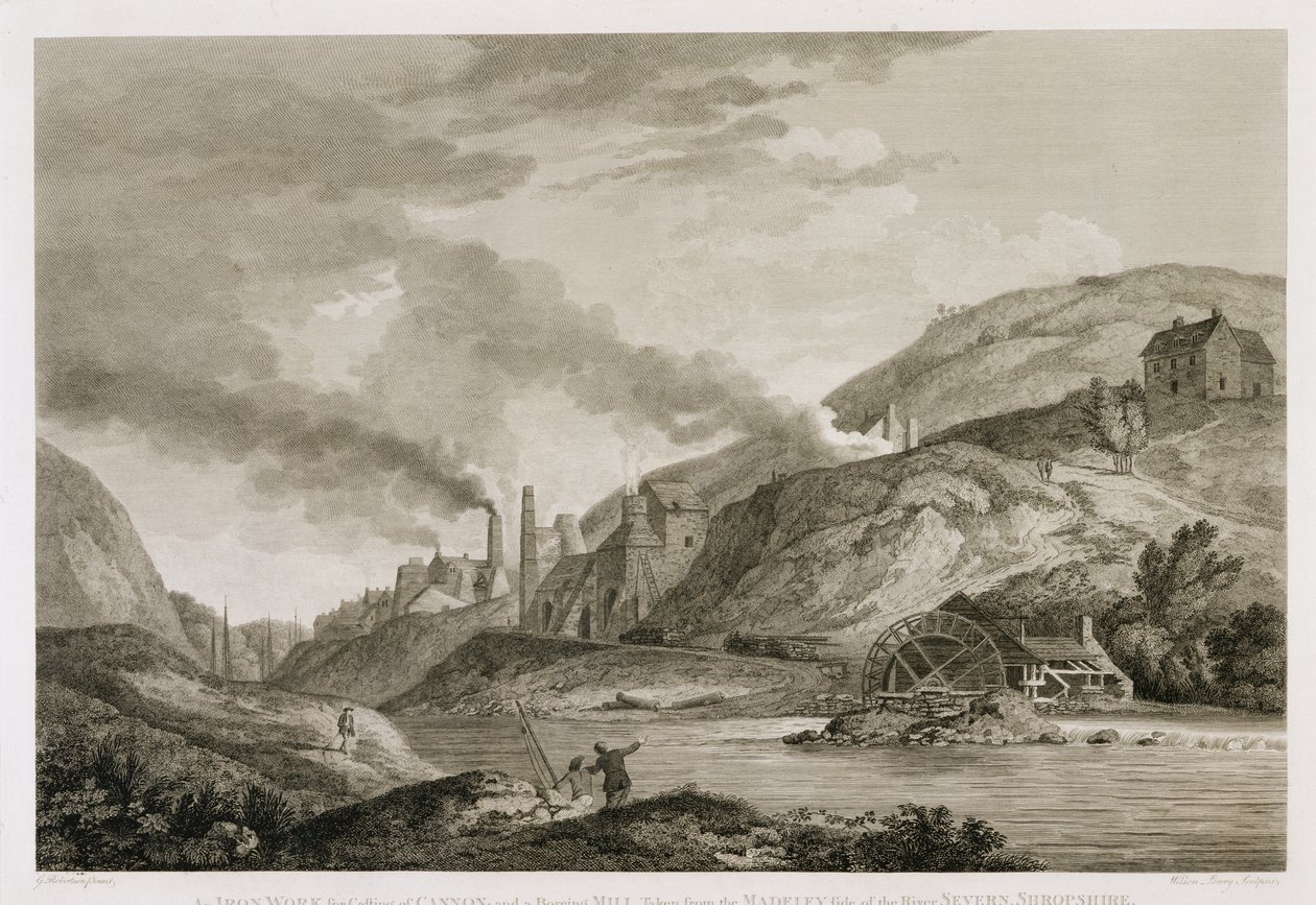 Een ijzergieterij voor het gieten van kanonnen en een boormolen gezien vanaf de Madeley-kant van de rivier de Severn, Shropshire, gegraveerd door Wilson Lowry (1762-1824) 1788 door George Edward Robertson