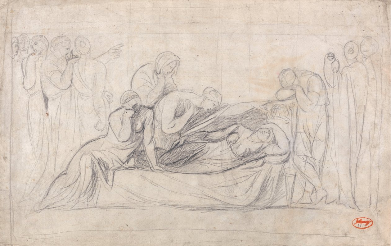 Rouwende figuren bij de baar van een vrouw door George Romney