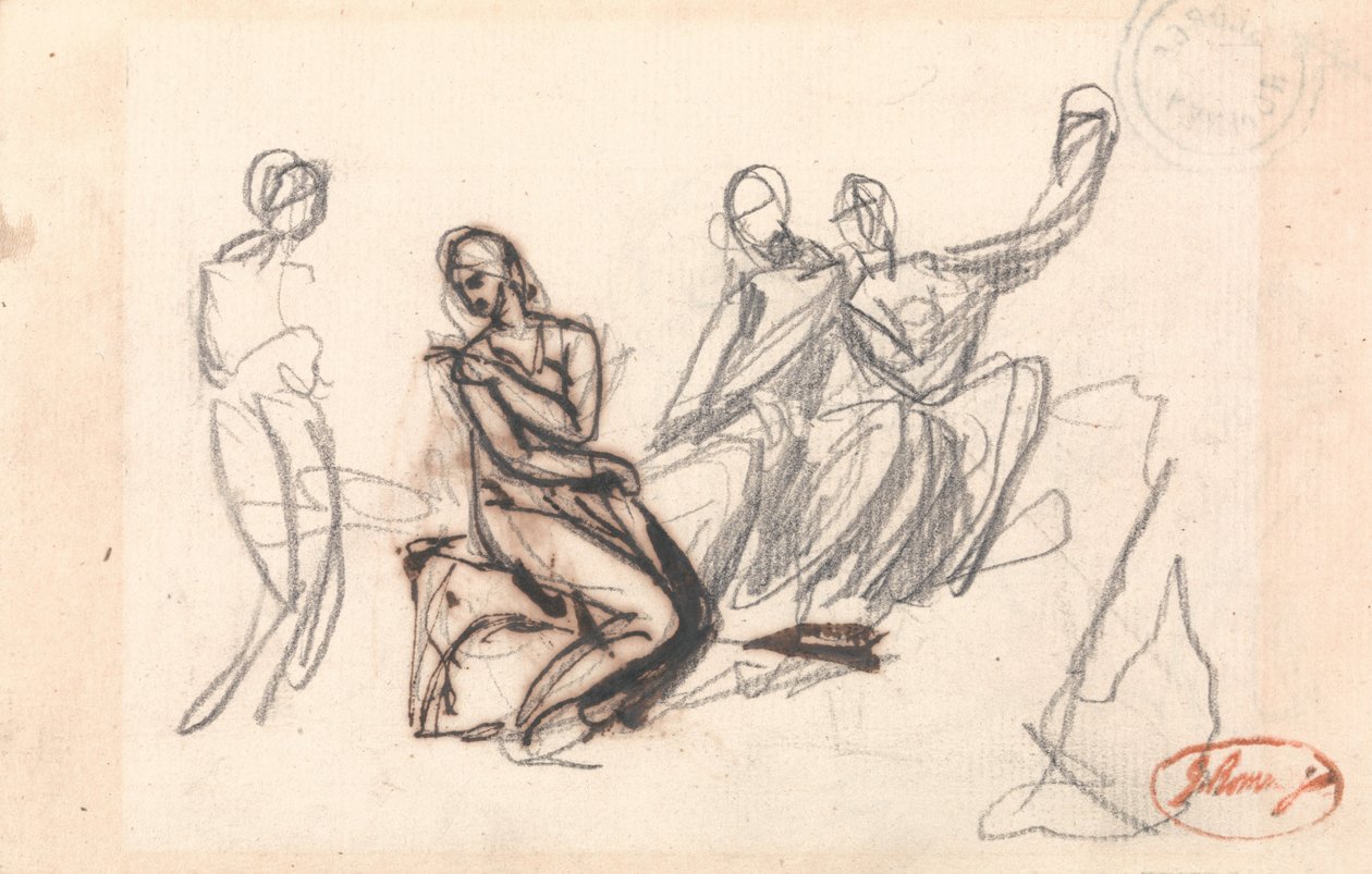 Drie zittende figuren en een staande figuur door George Romney