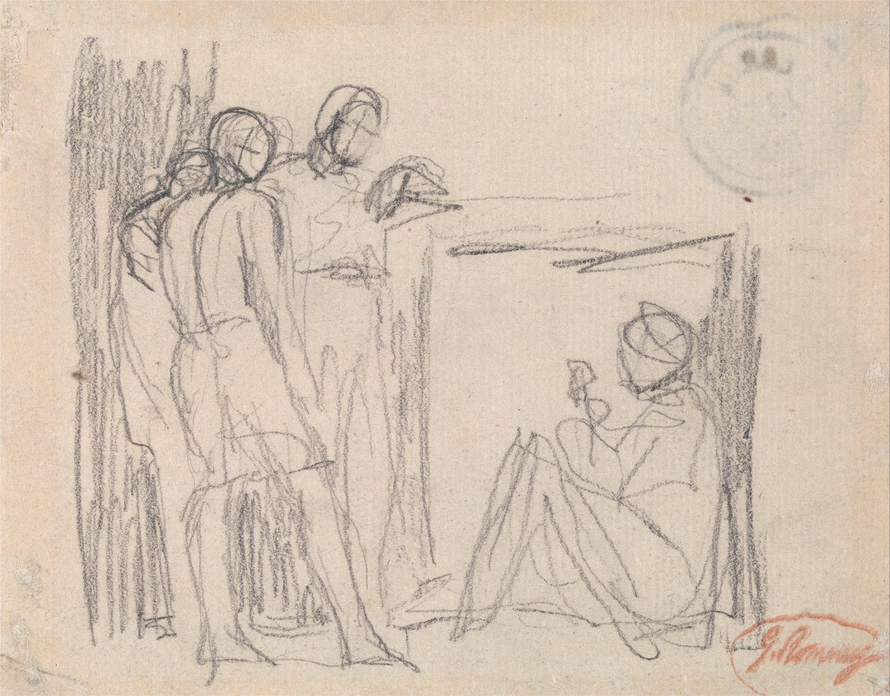 Drie staande figuren voor een zittende figuur door George Romney