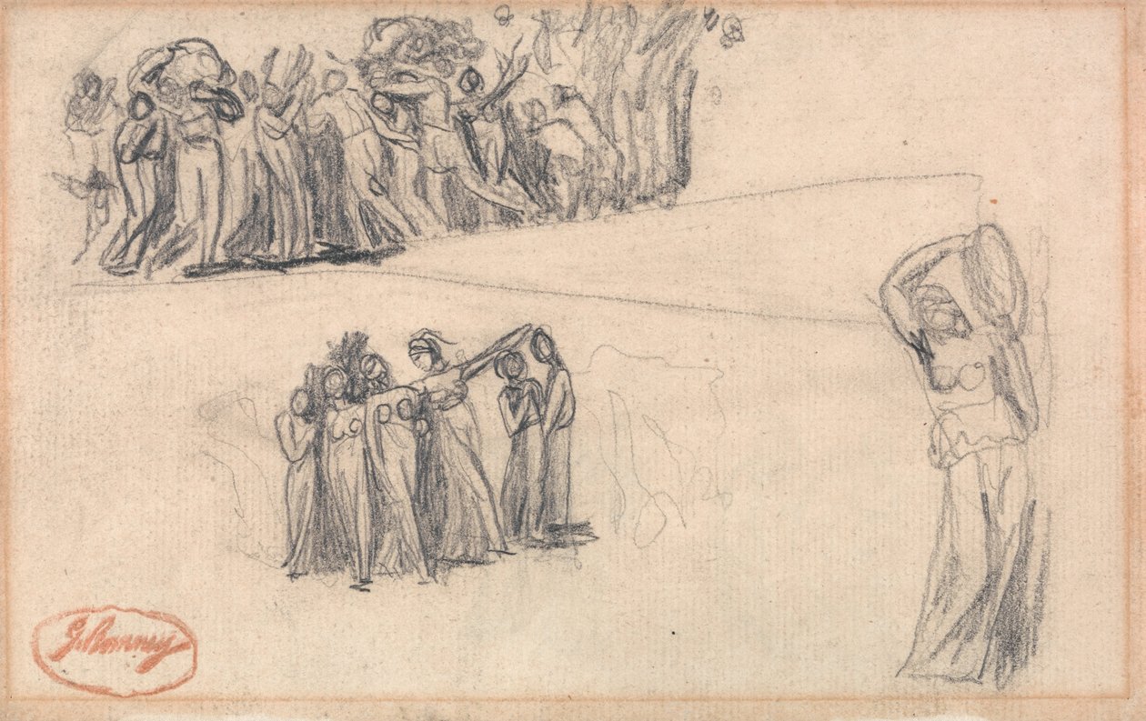 Twee schetsen van vrouwen en kinderen op de vlucht en staande vrouwelijke figuur die tamboerijn speelt als voor Lady... door George Romney