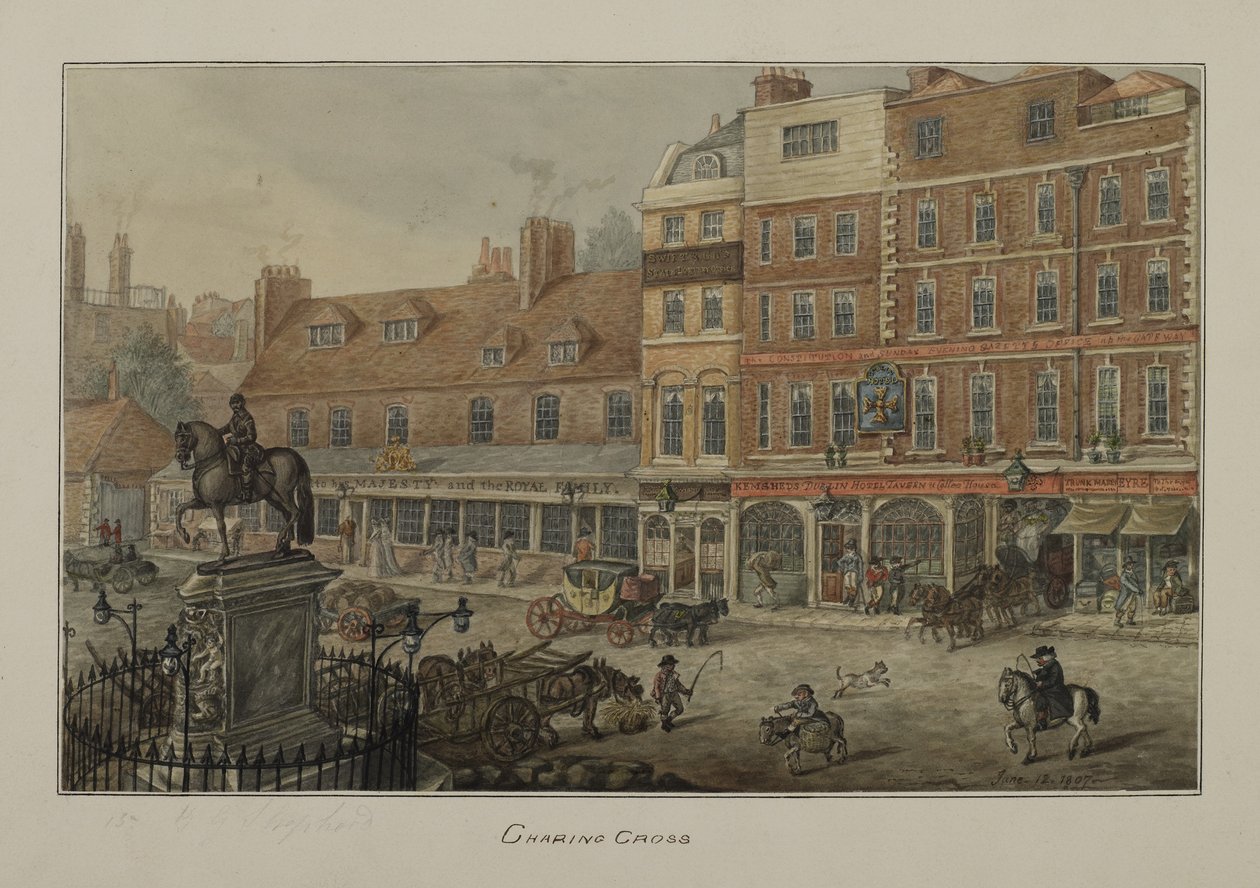 Uitzicht op Charing Cross met paard-en-wagens, figuren en de Dublin Hotel Tavern en Coffee House, 1807 door George Shepherd