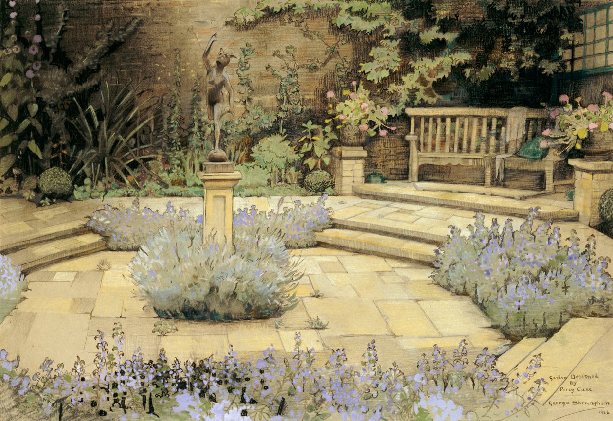Uitzicht op een geplaveide tuin met lavendelbedden ontworpen door Percy Can, 1923 door George Sheringham
