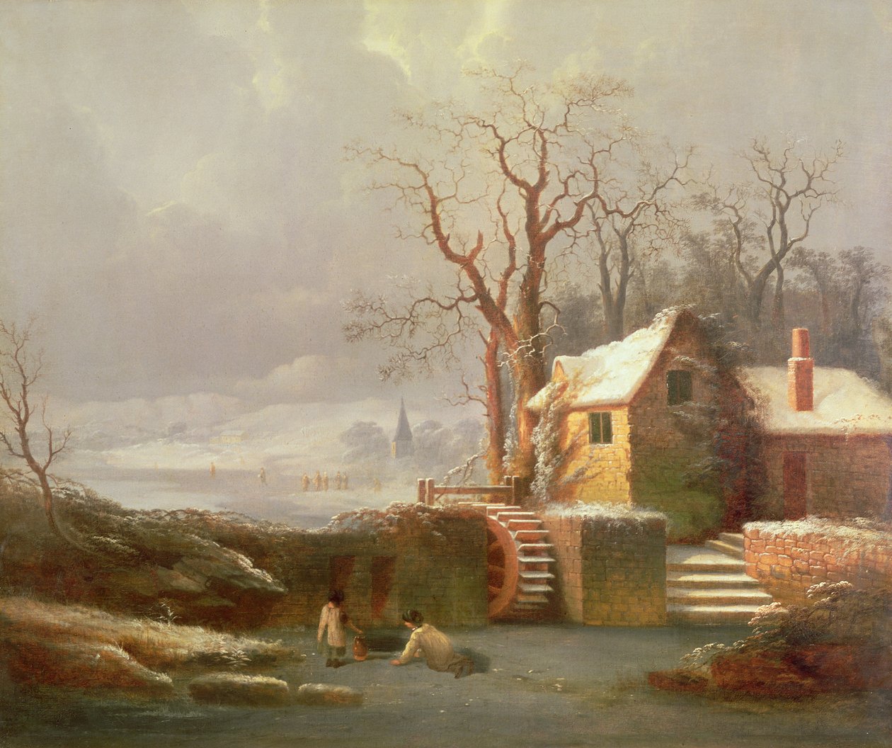 Sneeuwlandschap met molen en huisjes door George Smith