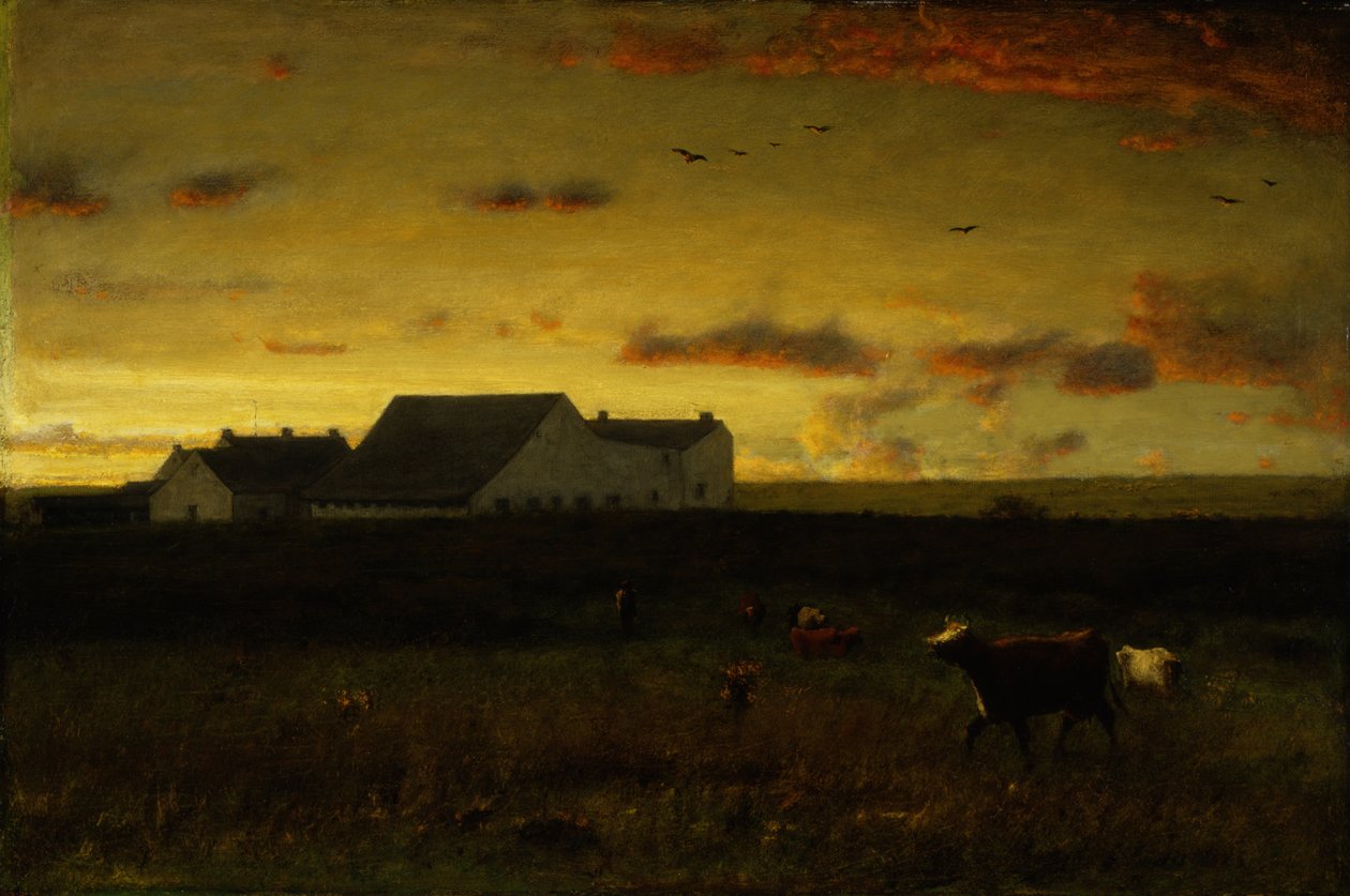 Boerenlandschap, vee in de wei, zonsondergang, Nantucket, ca. 1883 door George Inness