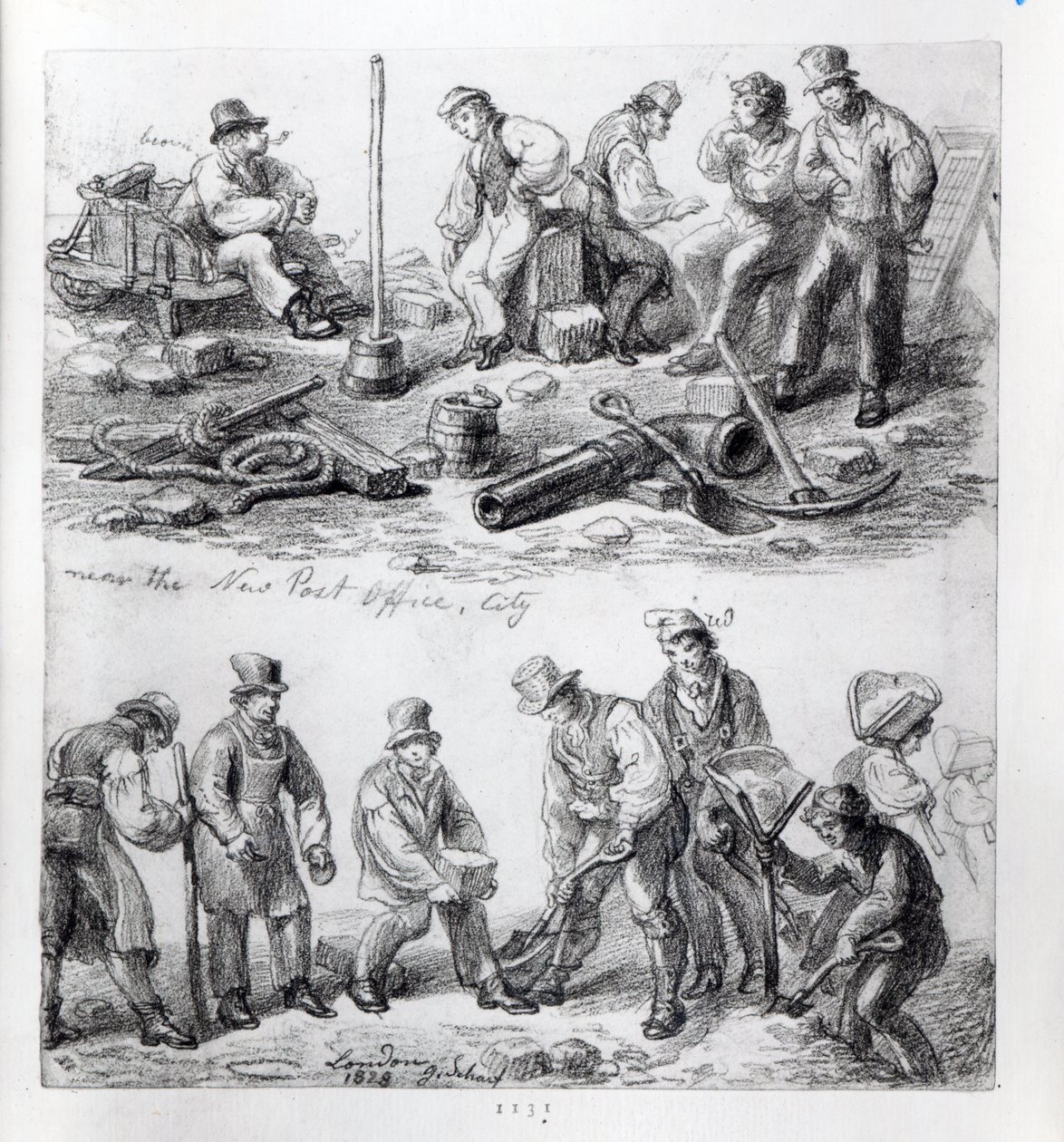 Arbeiders bij het nieuwe postkantoor in The City, Londen, 1828 door George Snr Scharf