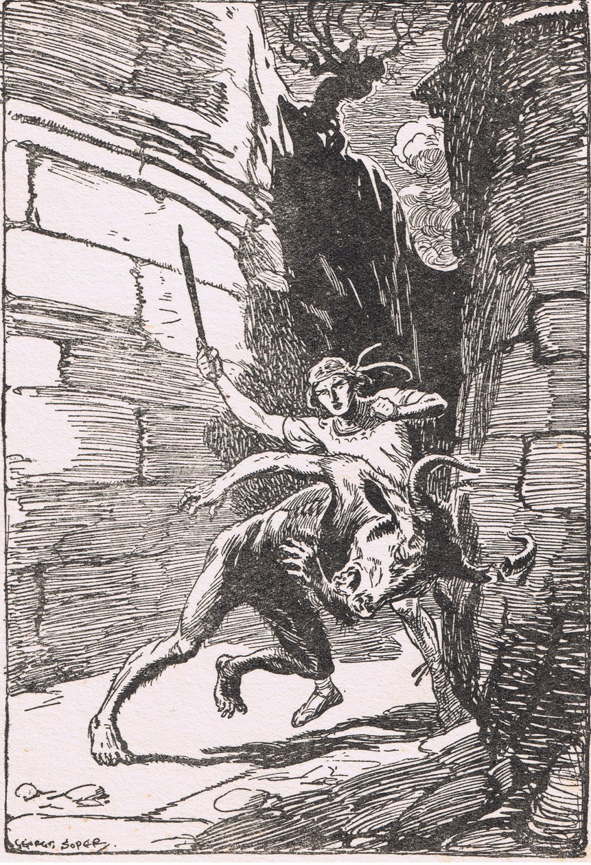 De Minotaurus: Het monster in zijn eerste stormloop tegen Theseus, miste hem op een haar na en brak een van zijn hoorns door George Soper