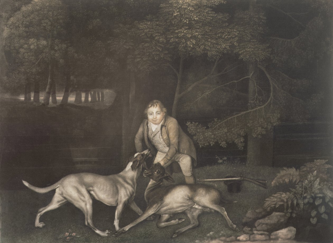 Freeman, bewaarder van de graaf van Clarendon, met een hond en een gewonde hinde, 1804 door George Stubbs