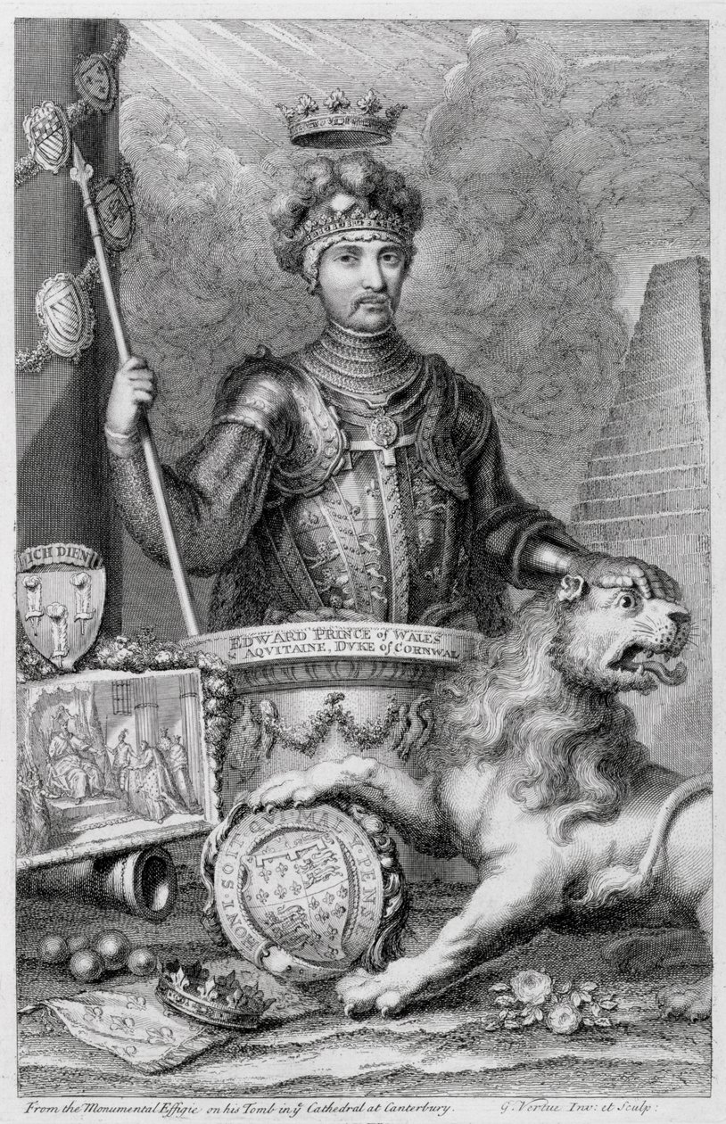 Edward De Zwarte Prins (1330-76) naar het monumentale beeld in de Canterbury Kathedraal, gegraveerd door de kunstenaar door George Vertue