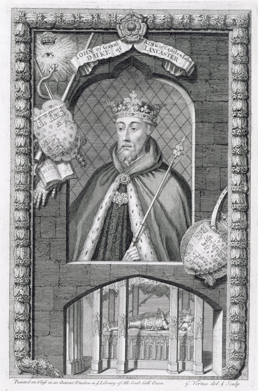 John van Gent, Hertog van Lancaster (1340-99) naar een schilderij op glas in de Bibliotheek van All Souls College, Oxford, gegraveerd door de kunstenaar door George Vertue