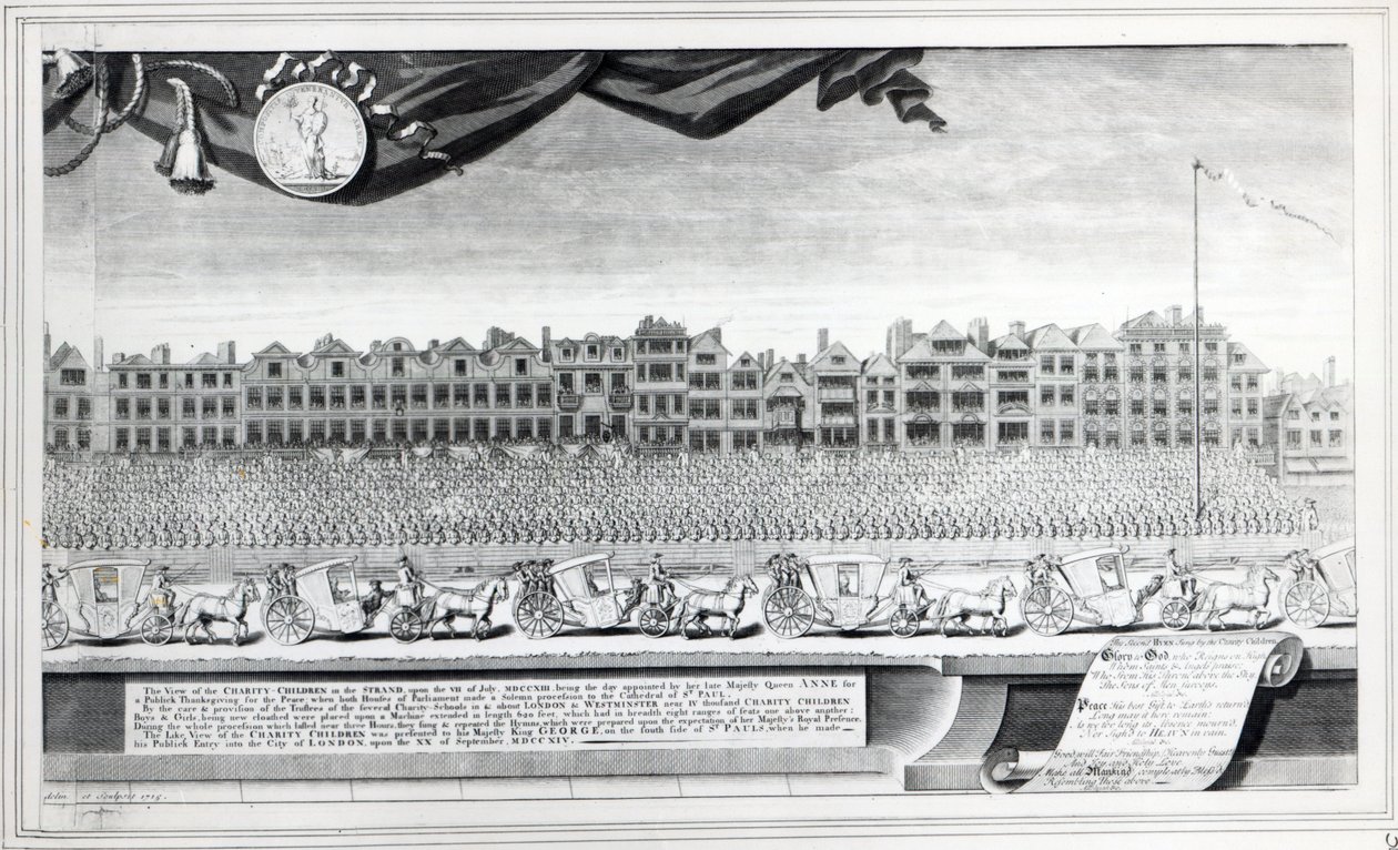 Uitzicht op de Charity Children in de Strand, 7 juli 1713, prent gemaakt in 1715 door George Vertue