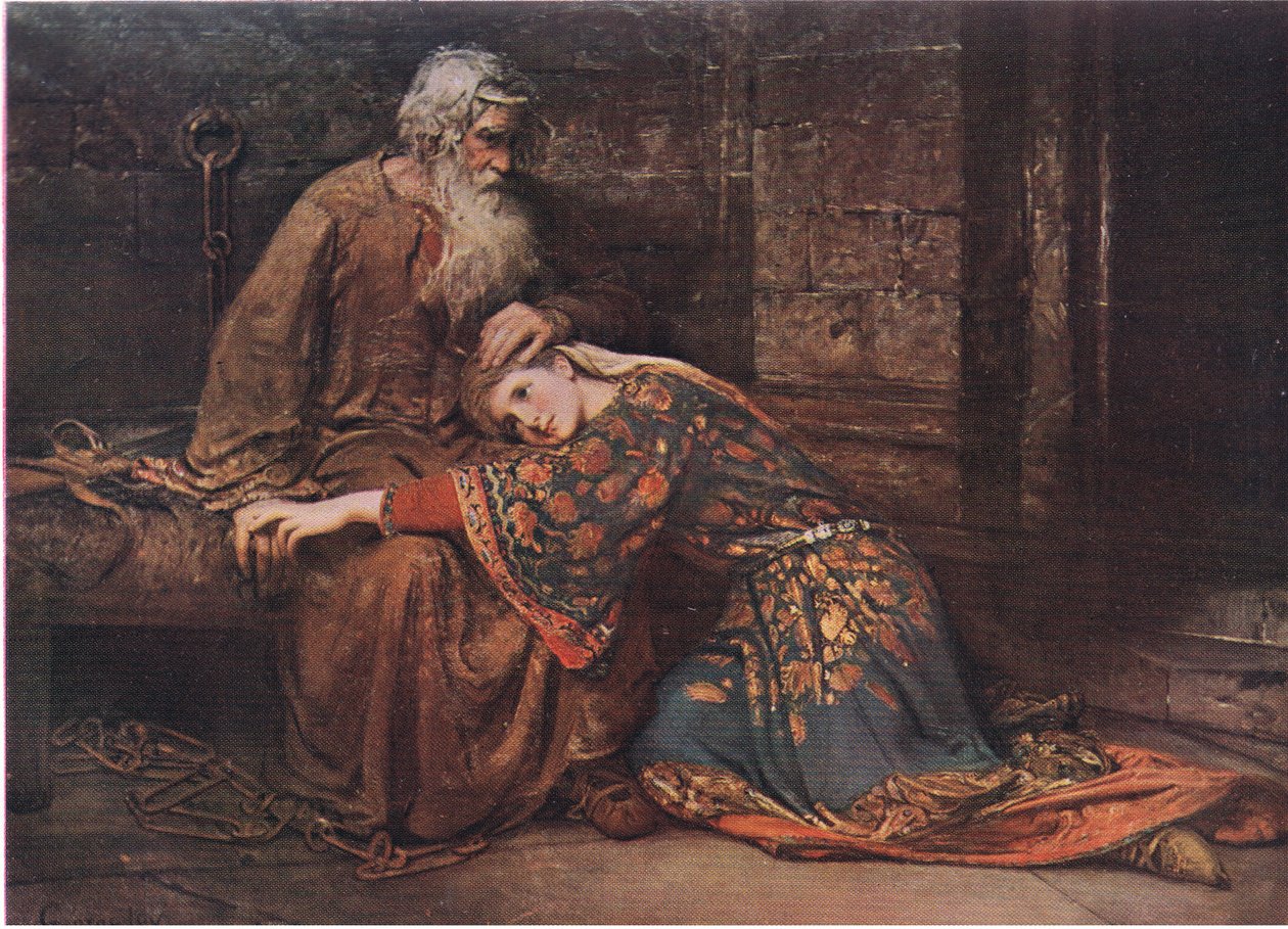 Cordelia troost koning Lear in de gevangenis (King Lear) Wij twee alleen zullen zingen als vogels in de kooi, uit De volledige werken van William Shakespeare uitgegeven door J. Coker & Co Ltd door George William Joy
