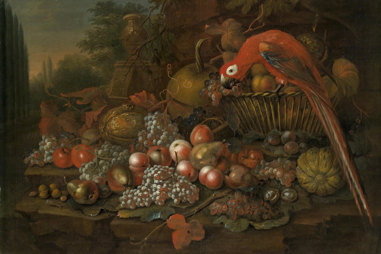 Stilleven met fruit en een papegaai door William Sartorius