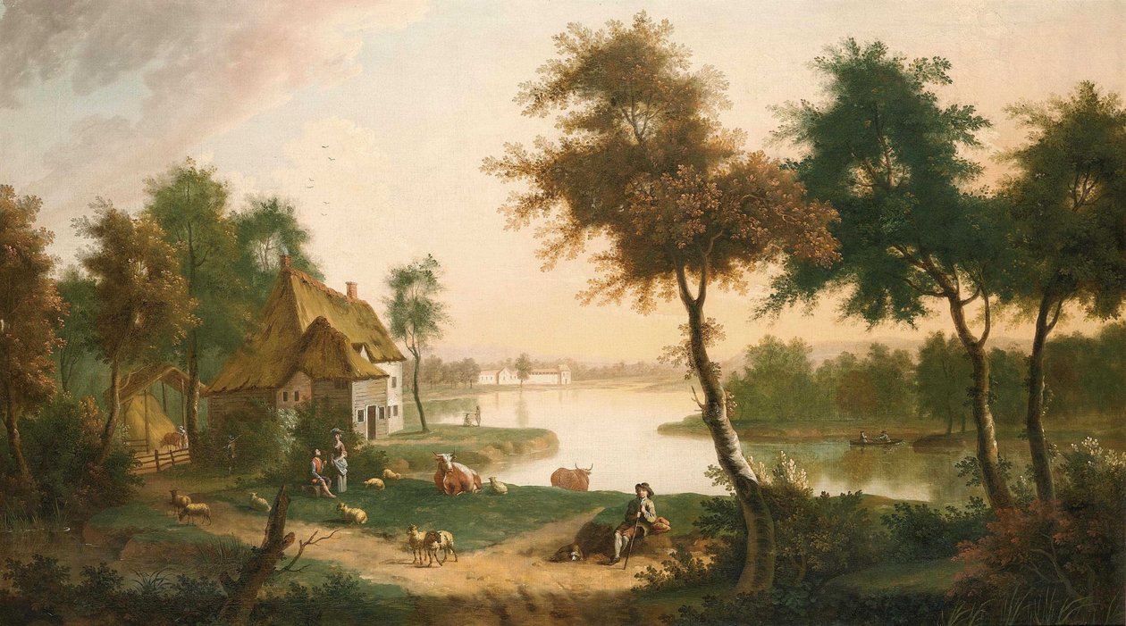 Uitgestrekt rivierlandschap met een veedrijver door George Smith
