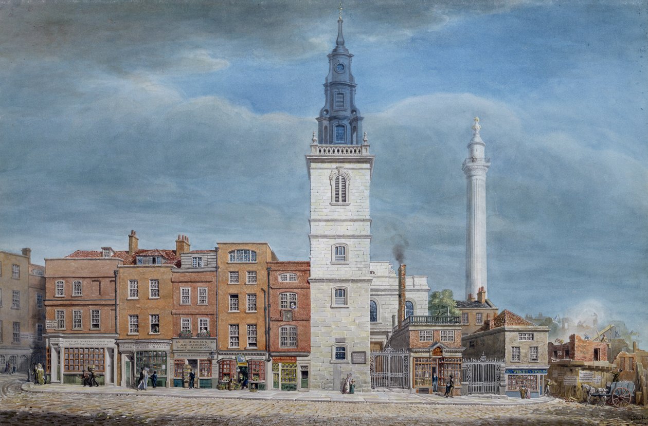 Uitzicht op St. Michael Kerk, Crooked Lane, Londen, ontworpen door Christopher Wren, tijdens sloop voor de Nieuwe London Bridge, ca. 1830 door George the Elder Scharf