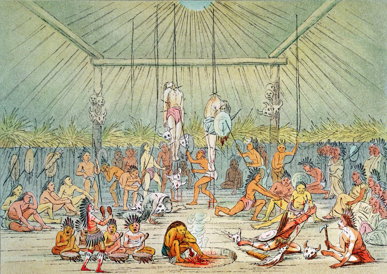 Mandan ceremonie (kleurenlitho) door George (after) Catlin