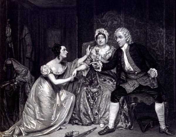 Mr Blanchard, Mrs Davenport en Miss M. Tree als Peachum, Mrs Peachum en Polly in 