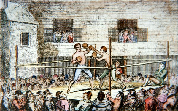 Een sparwedstrijd op de fives-baan, Londen, uit een prent gepubliceerd in 1812 door George (after) Cruikshank