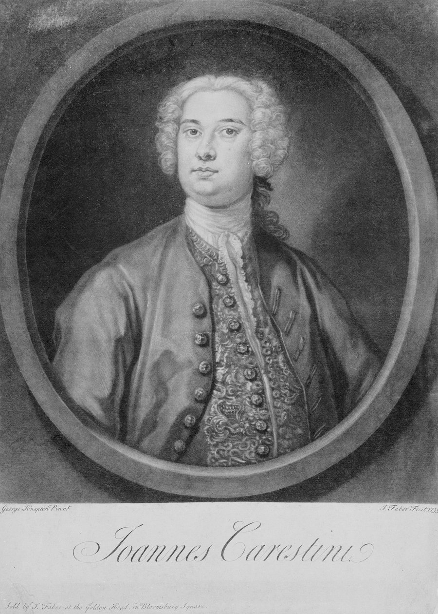 Portret van Joannes Carestini (c.1705-60), Italiaanse castraat, gegraveerd door John Faber (1684-1756) door George (after) Knapton