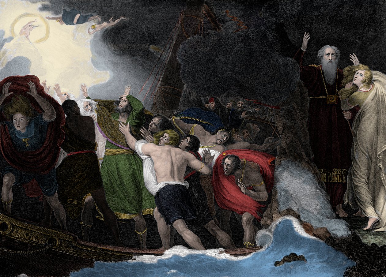 Prospero en Miranda, rechts, staand op het eiland terwijl de zeelieden schipbreuk lijden door George (after) Romney