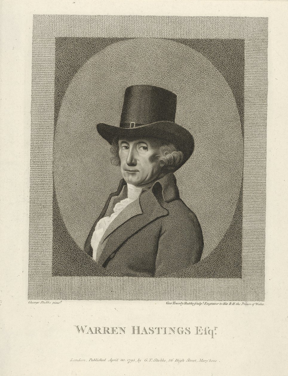 Portret van Warren Hastings, Esq., uitgegeven 1795 (gravure) door George (after) Stubbs
