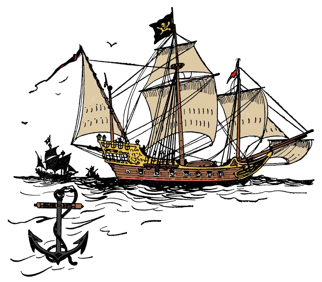 Een piratenschip bij Turtle Island in de Caribische Zee Illustratie uit 