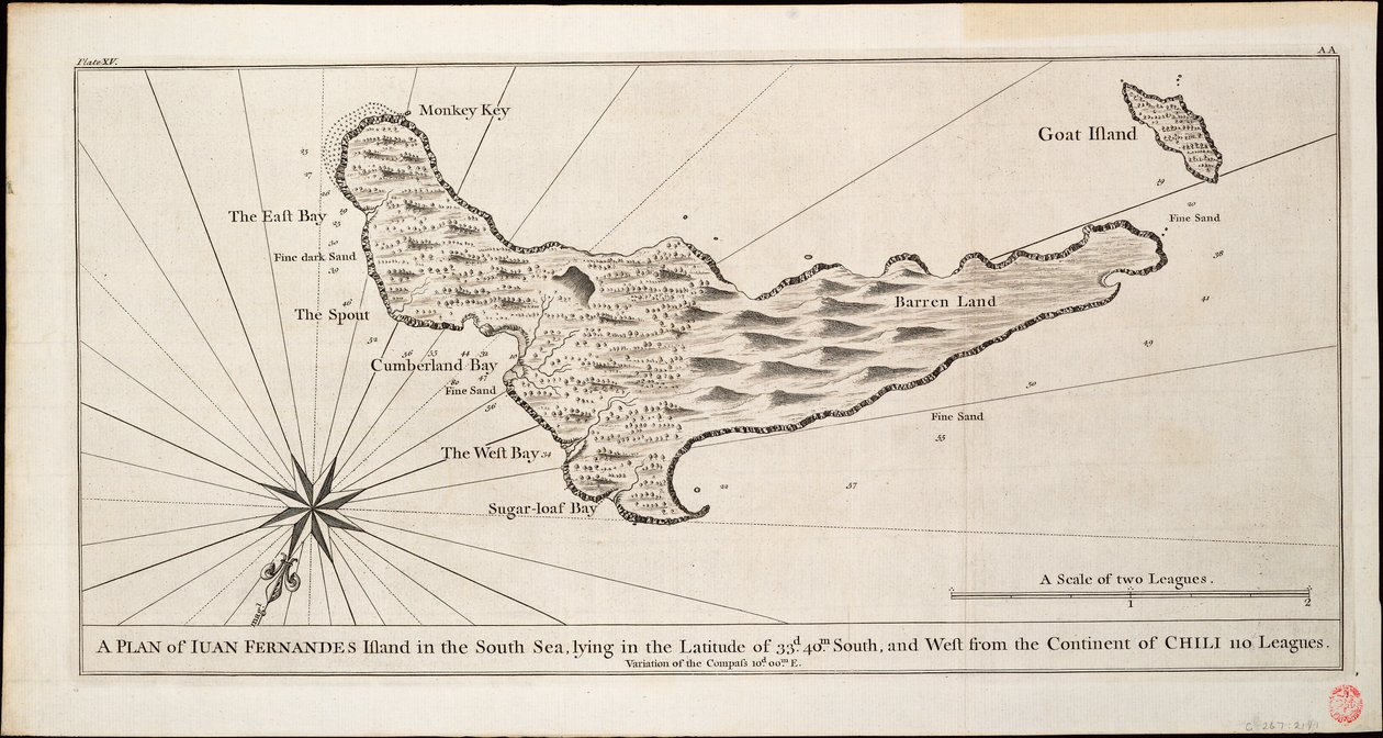 Een plan van Juan Fernandes Eiland in de Zuidzee, gelegen op de breedte van 33d. 40m. zuid, en west van het continent Chili 110 mijlen, c.1750 door George Anson