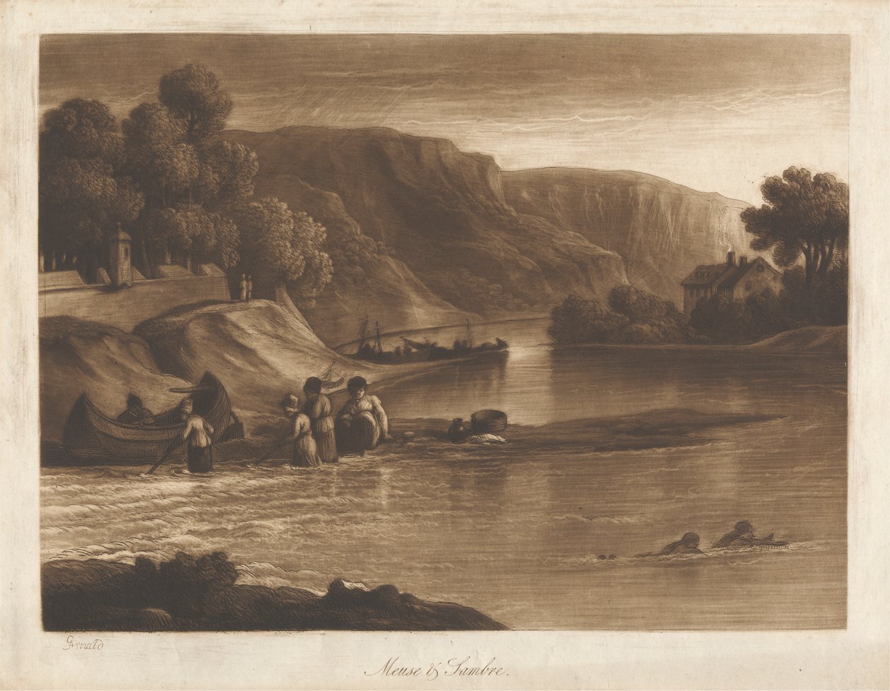 Maas en Samber, vanaf de Poort van de Samber door George Arnald