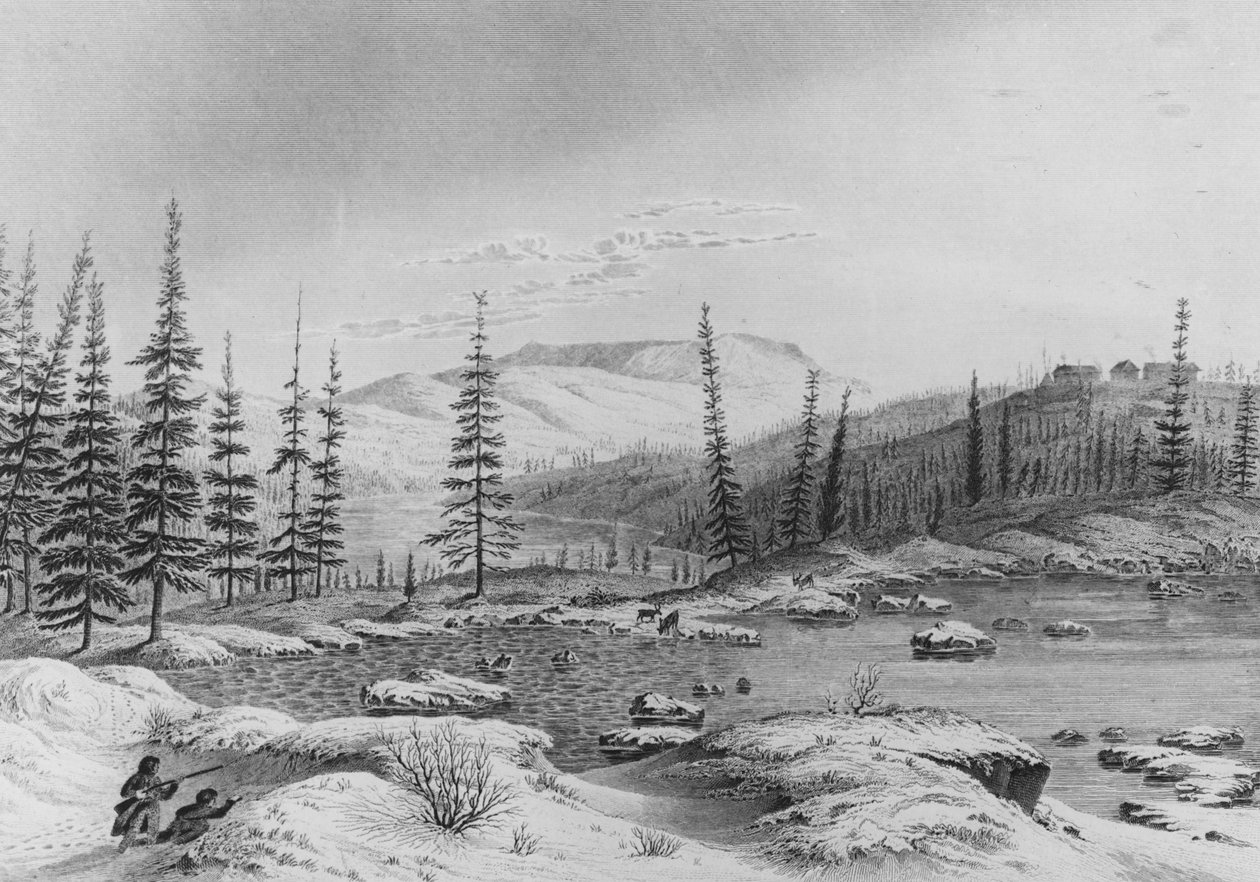 Jagers besluipen kariboes bij Fort Enterprize tijdens Franklins expeditie, 1821 door George Back