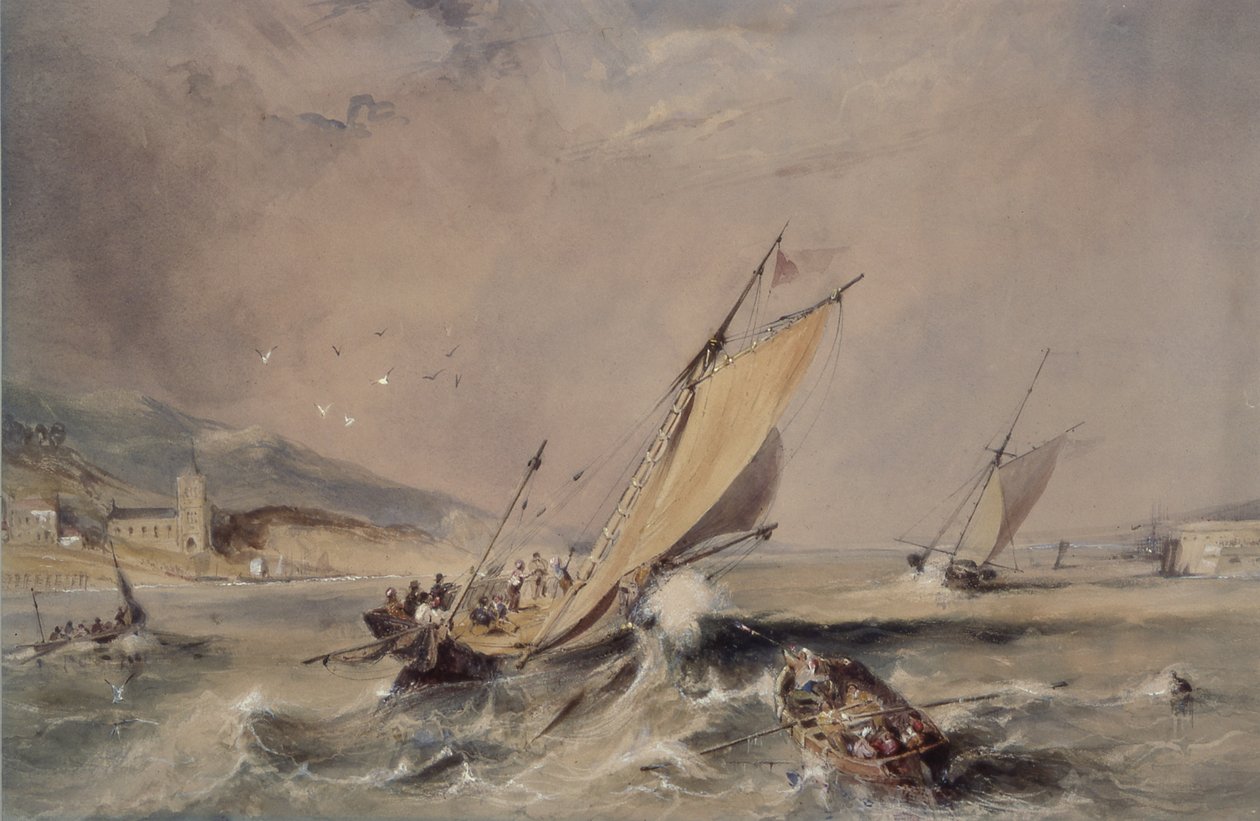 Kustscène: Boten bij de Ingang van een Haven door George Balmer