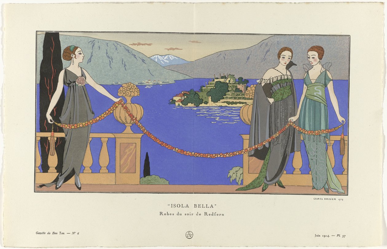 Gazette du Bon Ton, 1914 - No. 6, Pl. 57: Isola Bella / Avondjurken van Redfern door George Barbier