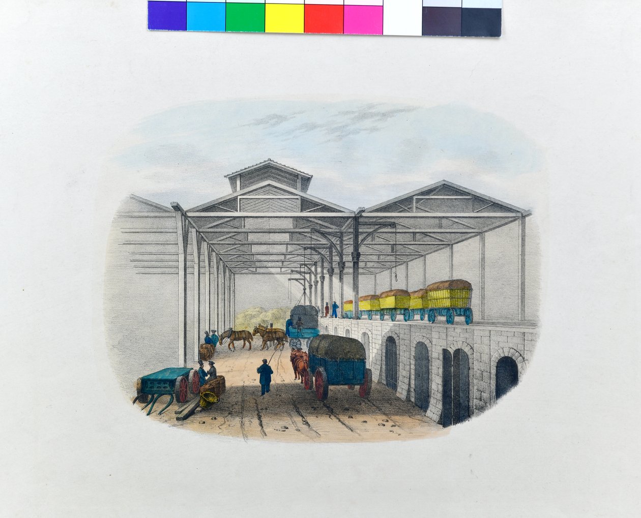 Uitzicht op overslagdepot voor vracht, ca. 1830 (litho op papier) door George Barnard