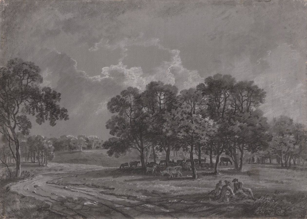 Parkscène met herten, vee en een groep figuren door George Barret