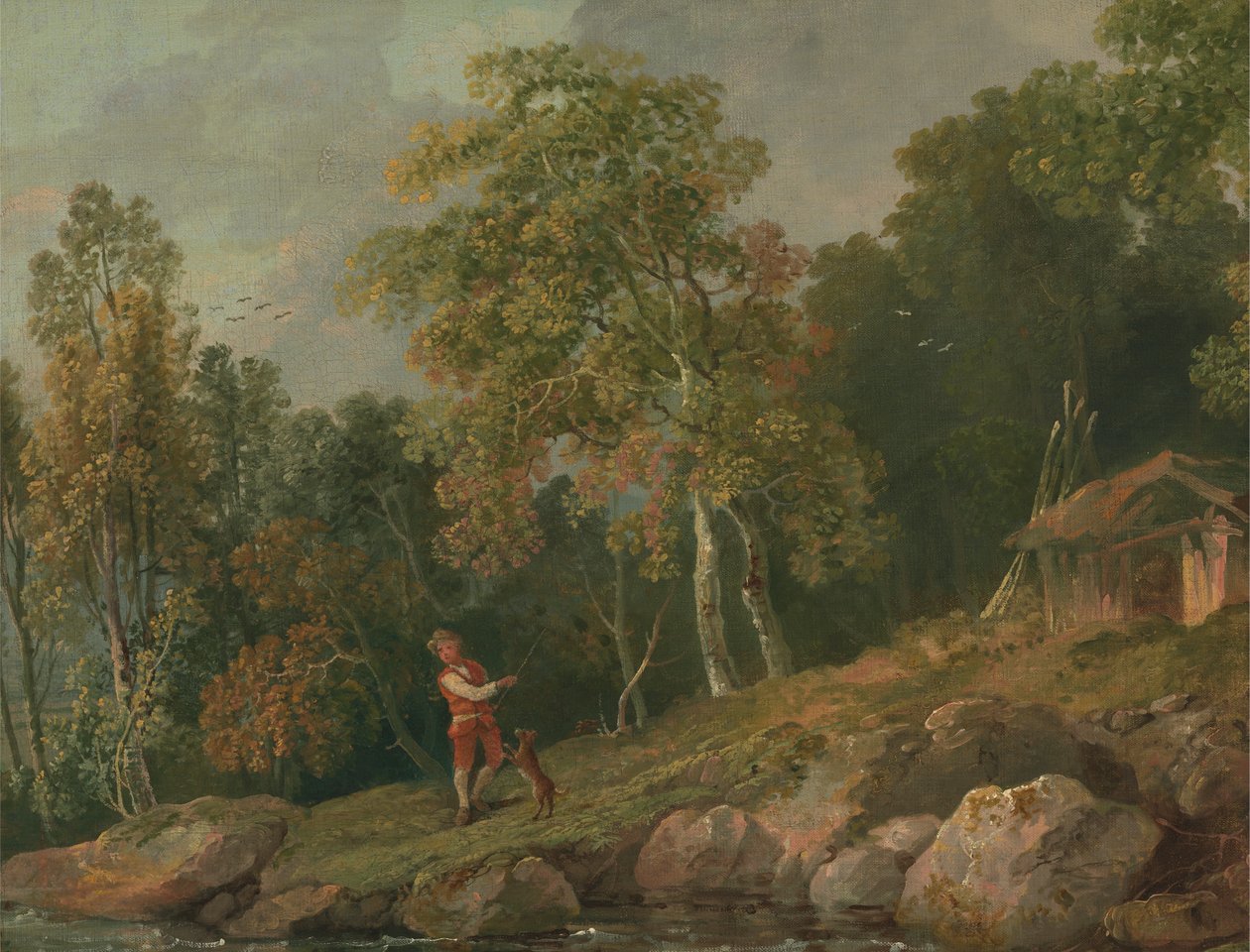 Boslandschap met een Jongen en zijn Hond door George Barret