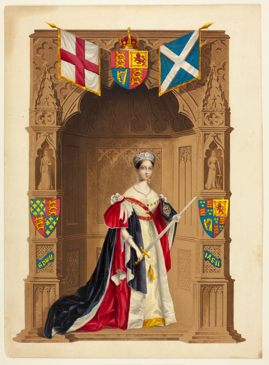 Hare Majesteit Koningin Victoria, ook wel Koningin Victoria genoemd als Soeverein van de Orde van de Kousenband door George Baxter