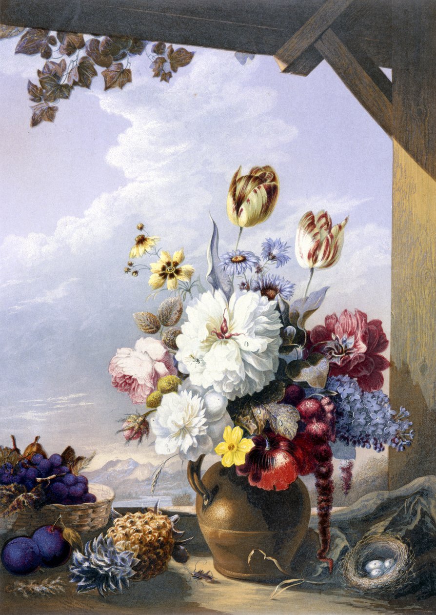 Het tuinhuisje, naar een schilderij van J. Bartholomew, 1856 door George Baxter