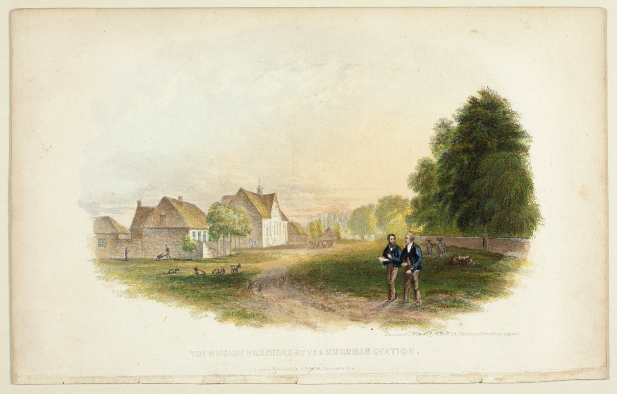 De missiegebouwen bij het station Kuruman door George Baxter