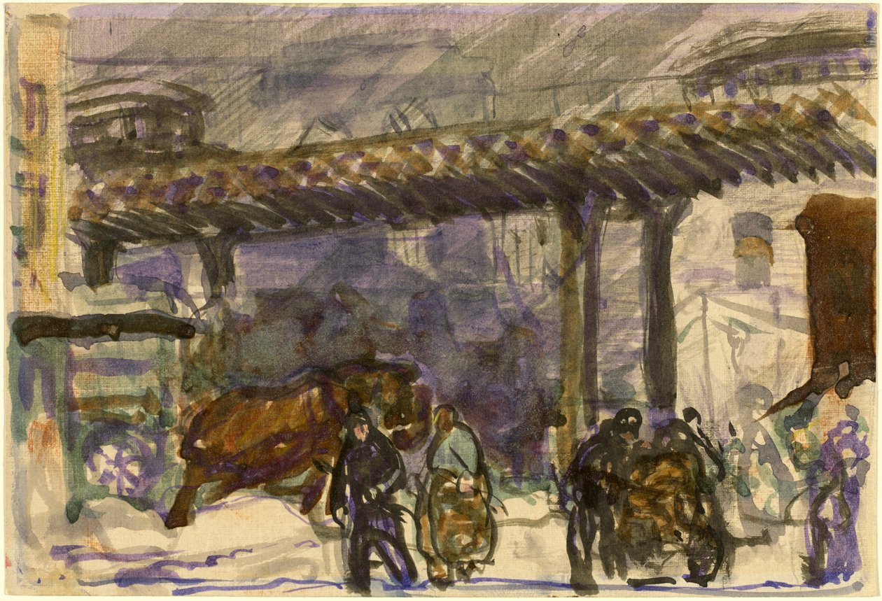 Een winterdag - onder de hoogspoorlijn nabij de Brooklyn Bridge door George Bellows