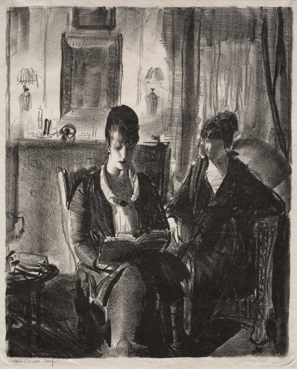Elsie leest Emma voor, eerste steen door George Bellows