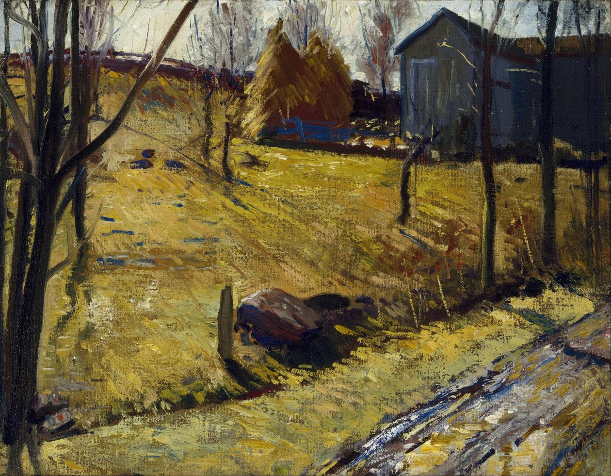 Hooibergen en schuur door George Bellows