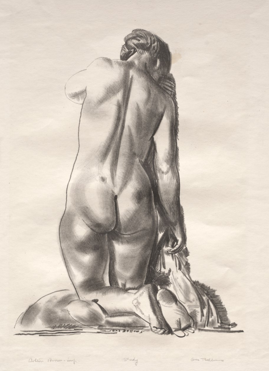 Naaktstudie, vrouw knielend op een kussen door George Bellows