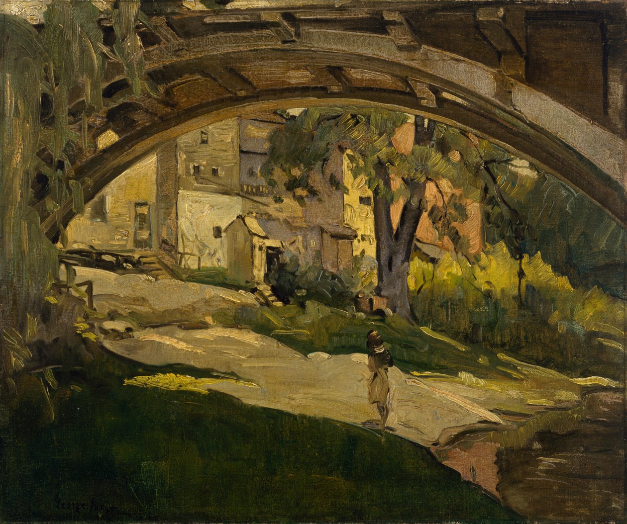 Meisje onder gebogen brug door George Benjamin Luks