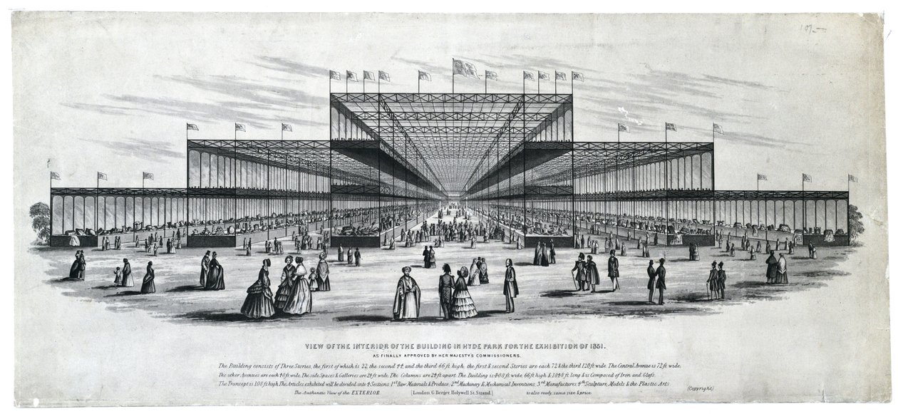 Zicht op het interieur van het gebouw in Hyde Park voor de tentoonstelling van 1851. Zoals uiteindelijk goedgekeurd door de commissarissen van Hare Majesteit door George Berger