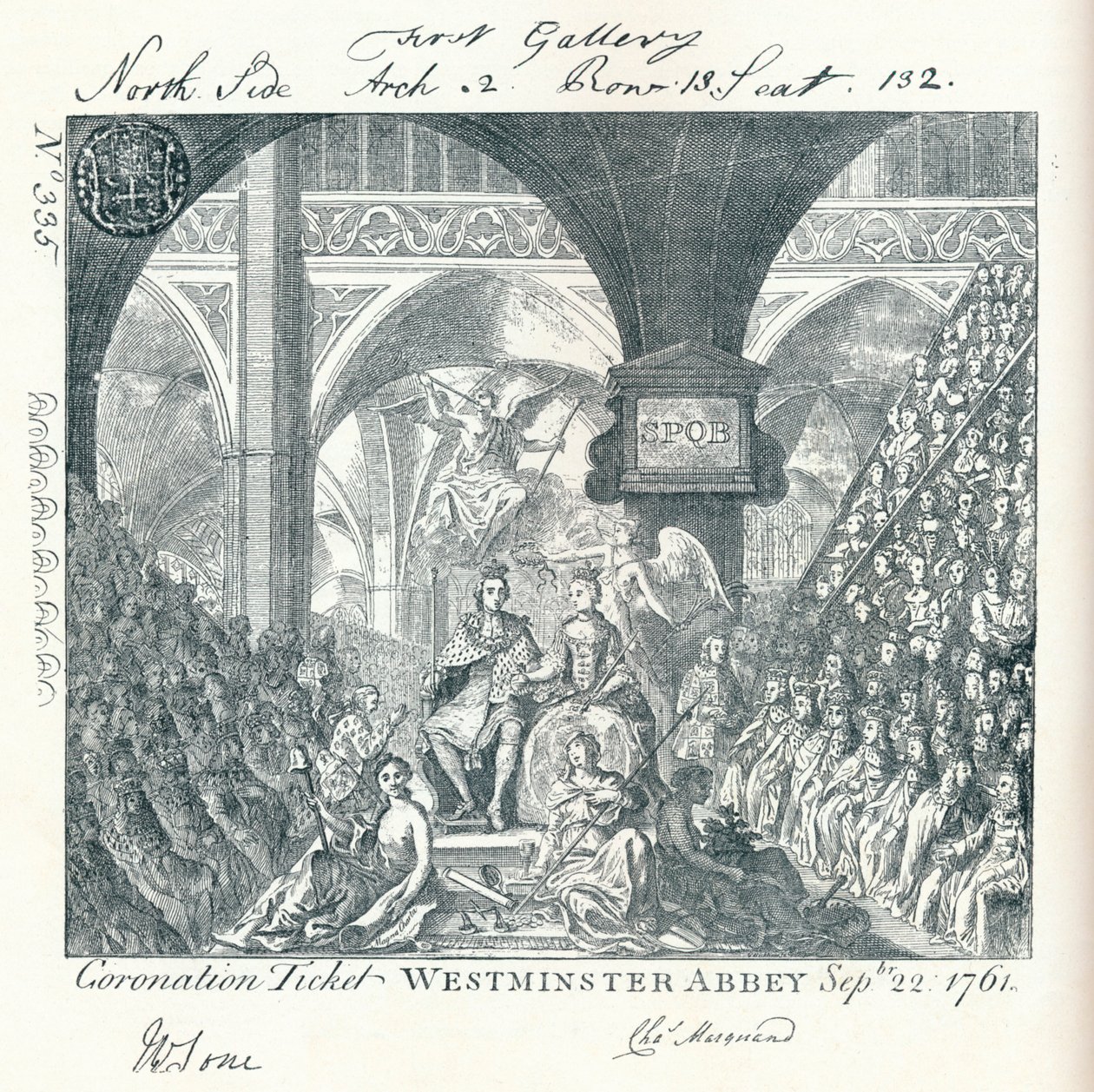 Gegraveerd ticket voor de kroningsceremonie van George III in Westminster Abbey 1761, 1906 door George Bickham