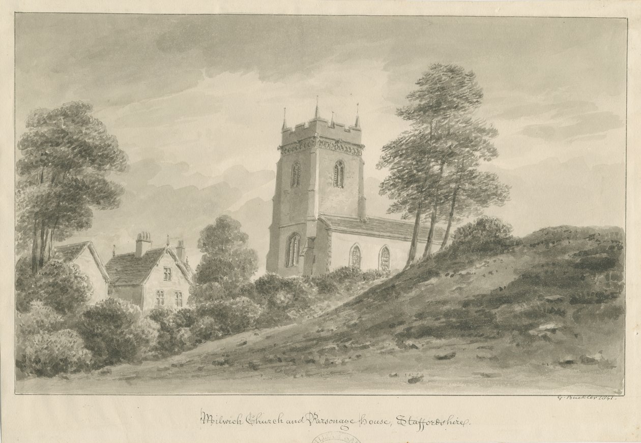 Milwich Kerk en Pastorie door George Buckler